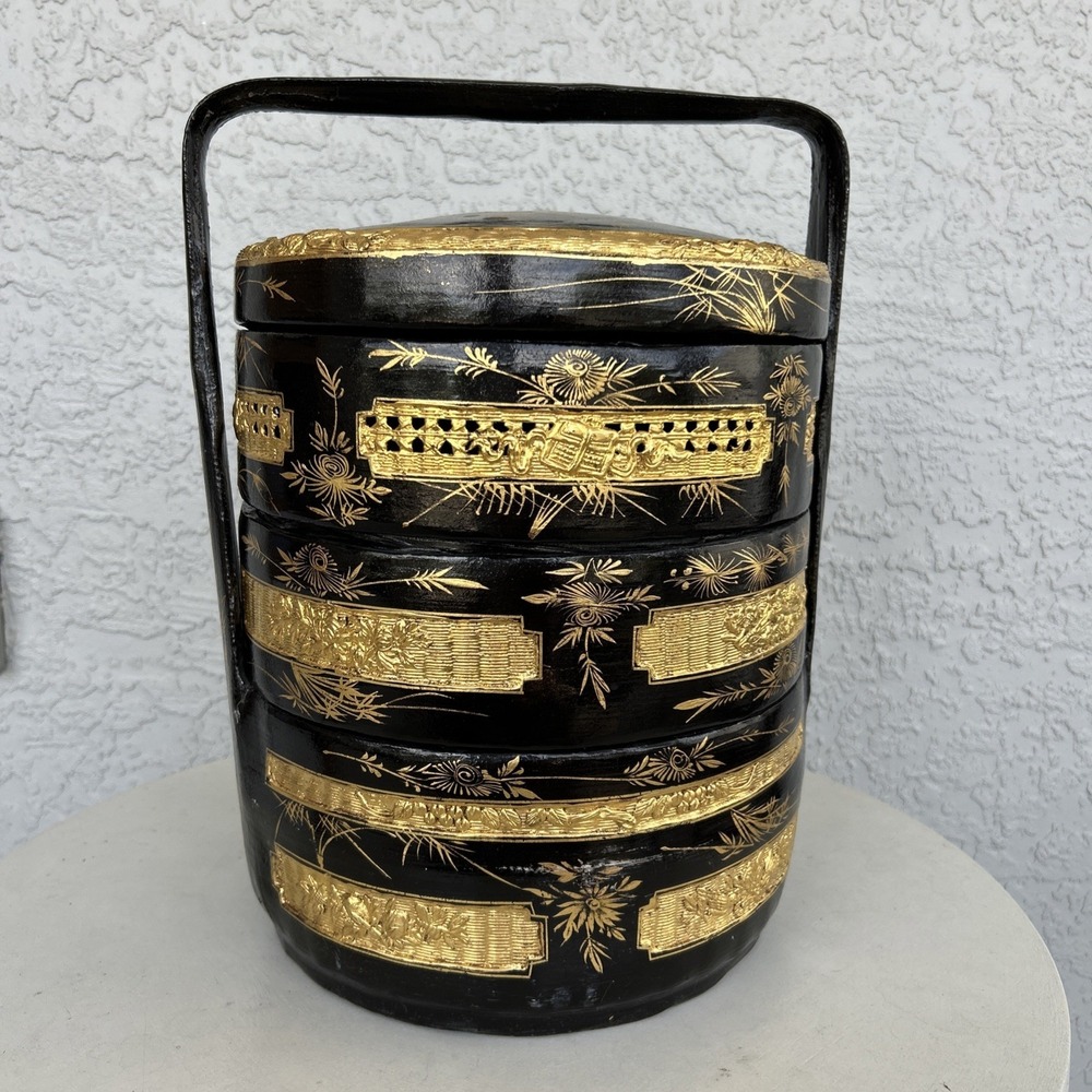 Large VTG Chinese‎ Wedding Basket 3 Tier Black Gold Lacquer Asian Decor